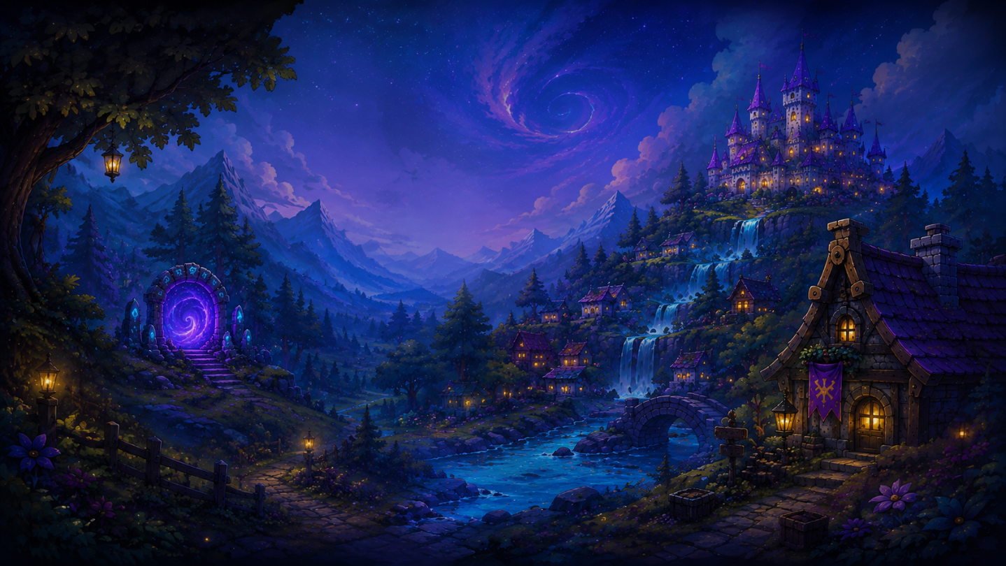 A magical blue and violet fantasy valley with a glowing portal, village, river and castle.